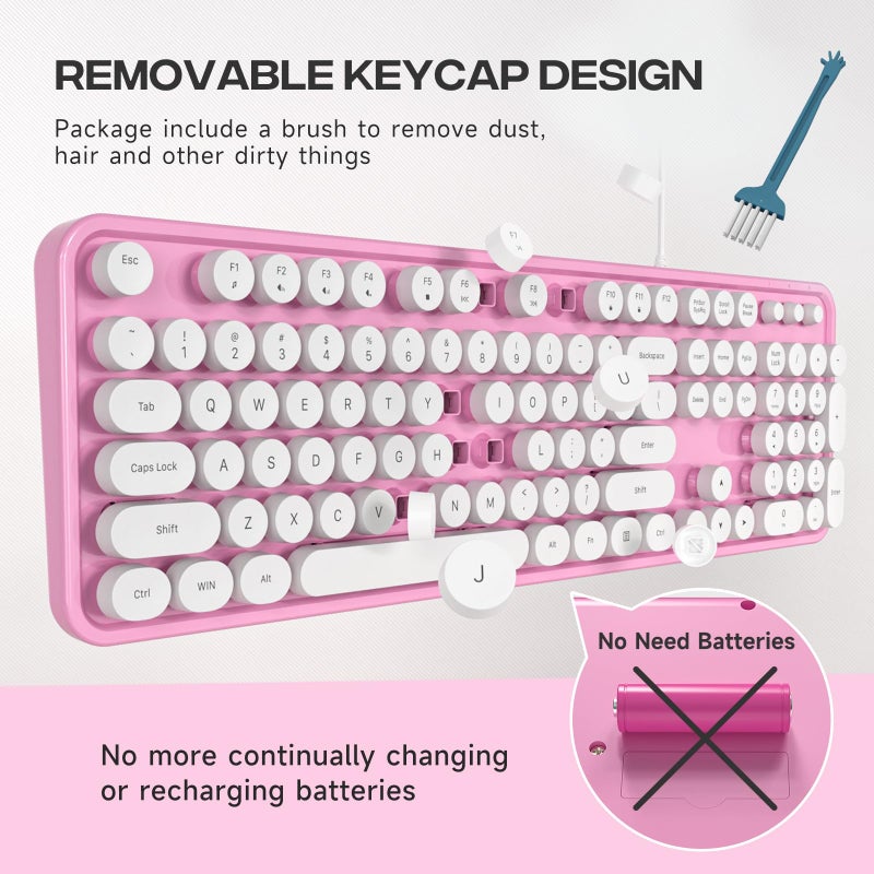 MOWUX Computer Keyboard Wired, Plug and Play USB Retro Round Typewriter Keyboard, Full Size Wired Keyboard with Foldable Stands for Laptop and Office PC- Pink&White Colorful - Image 4