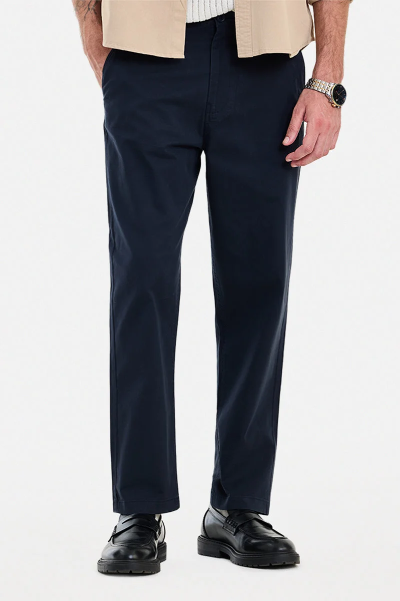 SNITCH Navy Solid Regular Fit Casual Chinos