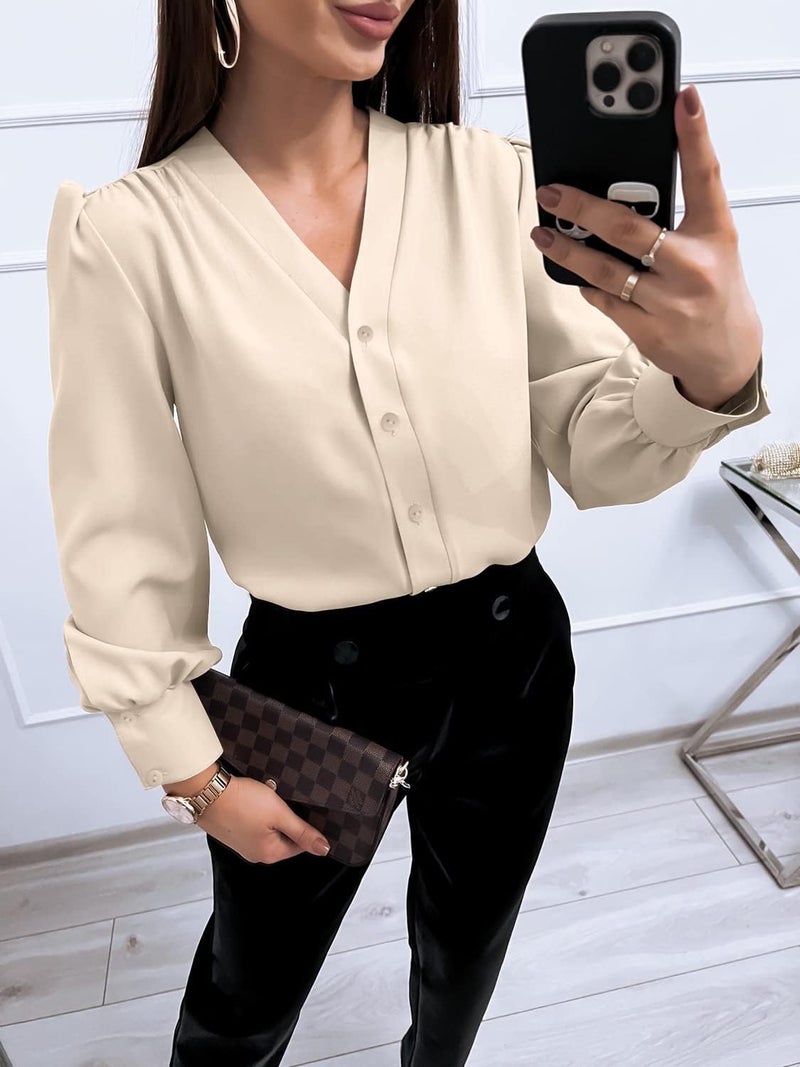 Flowyair Women's Business Casual Tops Summer Long Sleeve Button Down Shirts V Neck Chiffon Blouses A-Beige - Image 3