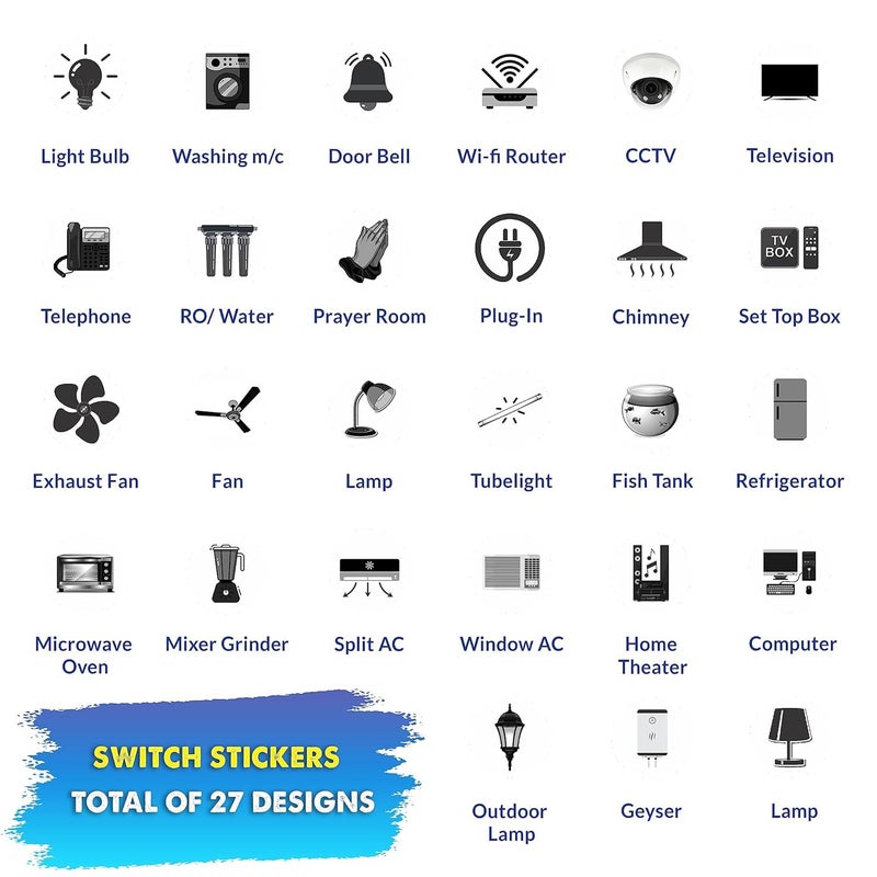 Fliptic Transparent Black and White Switch ID Sticker Vinyl Labels 3-A4 Sheets for Electric Board Appliances Including 27 Designs in Total 495 Stickers - Image 3