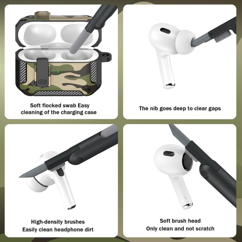 FACTOTECH AirPods Pro 2nd Generation Case Cover with Cleaner Kit, Military Hard Shell Protective Armor with Lock for AirPod Gen 2 Charging Case 2022,2023,2024 Front LED Visible- Black Camouflage - Image 5