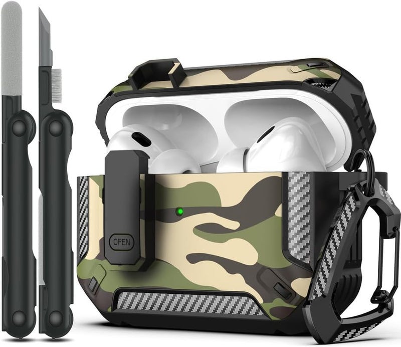 FACTOTECH AirPods Pro 2nd Generation Case Cover with Cleaner Kit, Military Hard Shell Protective Armor with Lock for AirPod Gen 2 Charging Case 2022,2023,2024 Front LED Visible- Black Camouflage - Image 1