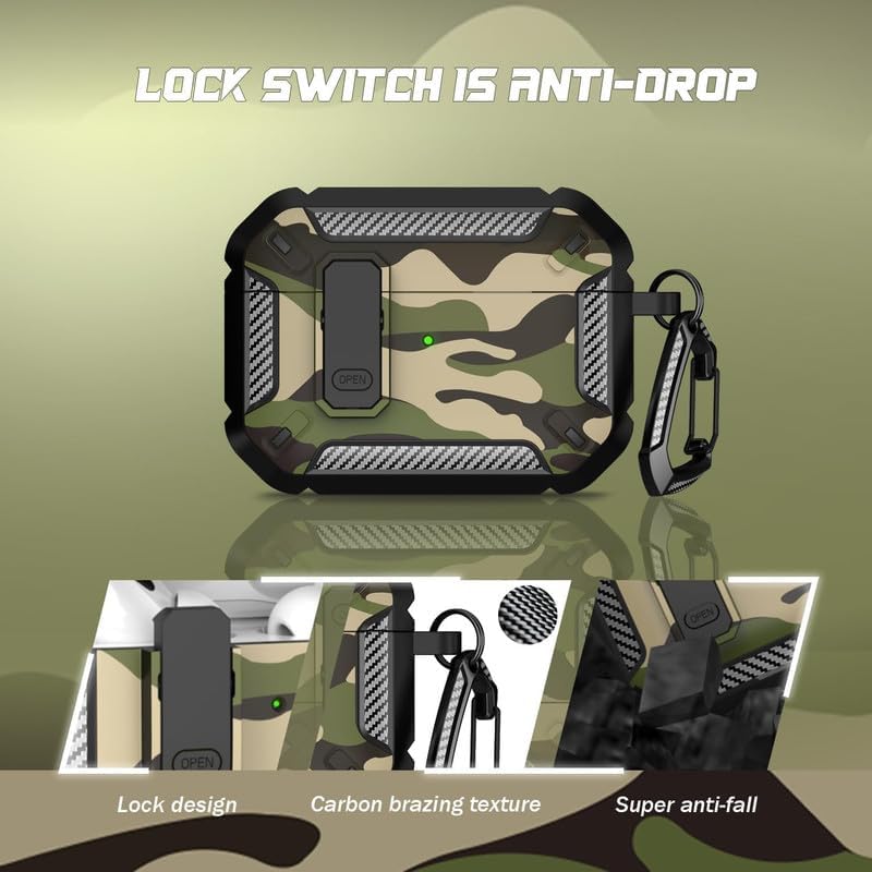 FACTOTECH AirPods Pro 2nd Generation Case Cover with Cleaner Kit, Military Hard Shell Protective Armor with Lock for AirPod Gen 2 Charging Case 2022,2023,2024 Front LED Visible- Black Camouflage - Image 2