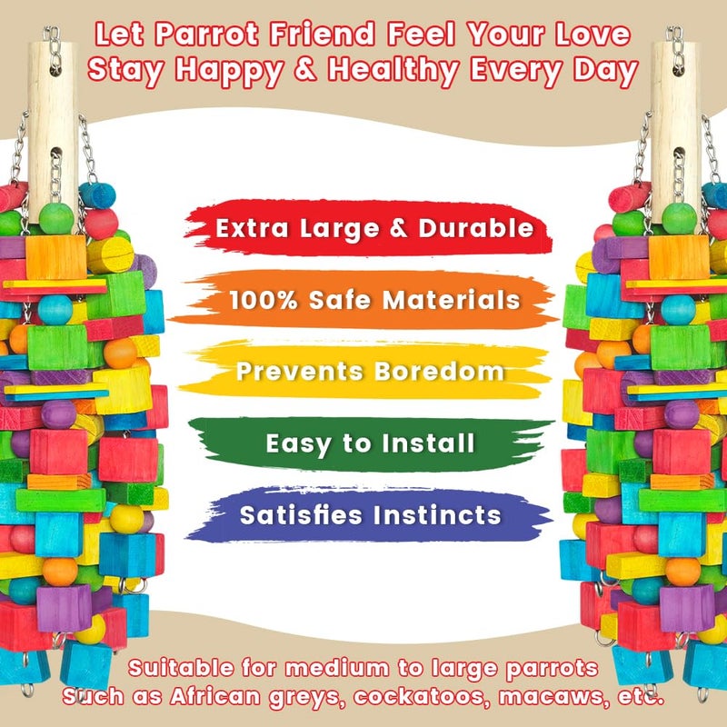Zephyriel Extra Large Bird Toys for Macaws, Cockatoos - 21.6'' Heavy Duty Natural Parrot Toys for Chewing Foraging with SS Chain & Edible Colors for Medium to Large Parrots, African Grey, Cockatiel, Parakeet - Image 2