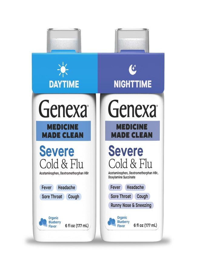 Genexa Clean Day + Night Cold & Flu Relief, Max Strength, Dye Free, 0% Artificial Additives, Acetaminophen Fever Reducer, Cough Suppressant, Antihistamine, Organic Blueberry Flavor, 12 fl oz (2 Pack) - Image 1