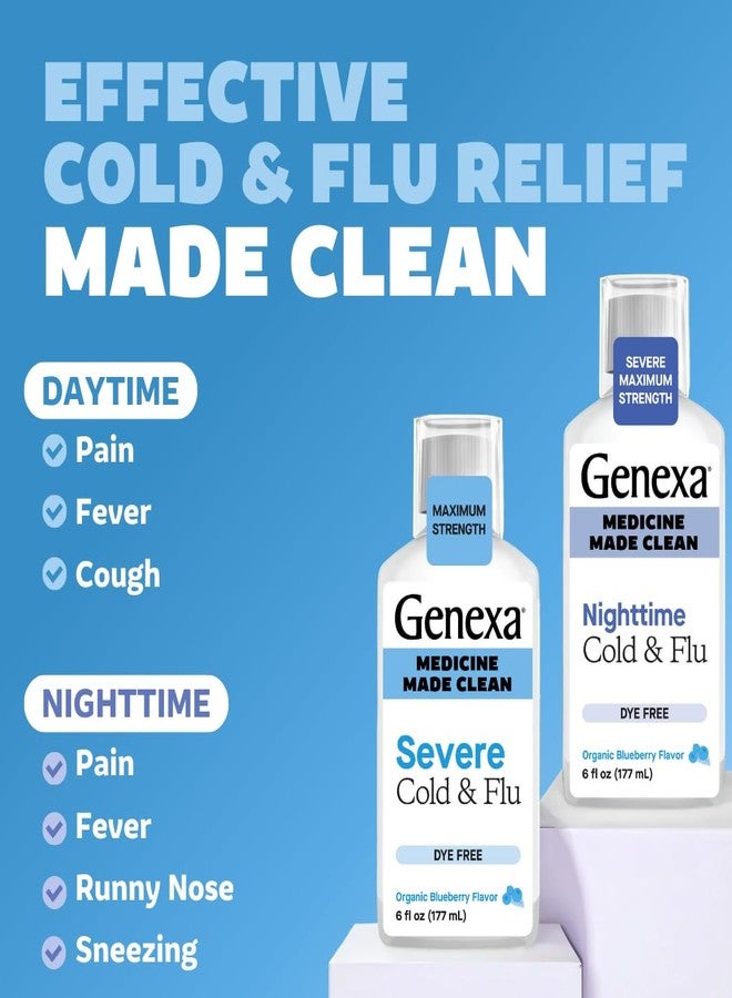 Genexa Clean Day + Night Cold & Flu Relief, Max Strength, Dye Free, 0% Artificial Additives, Acetaminophen Fever Reducer, Cough Suppressant, Antihistamine, Organic Blueberry Flavor, 12 fl oz (2 Pack) - Image 4