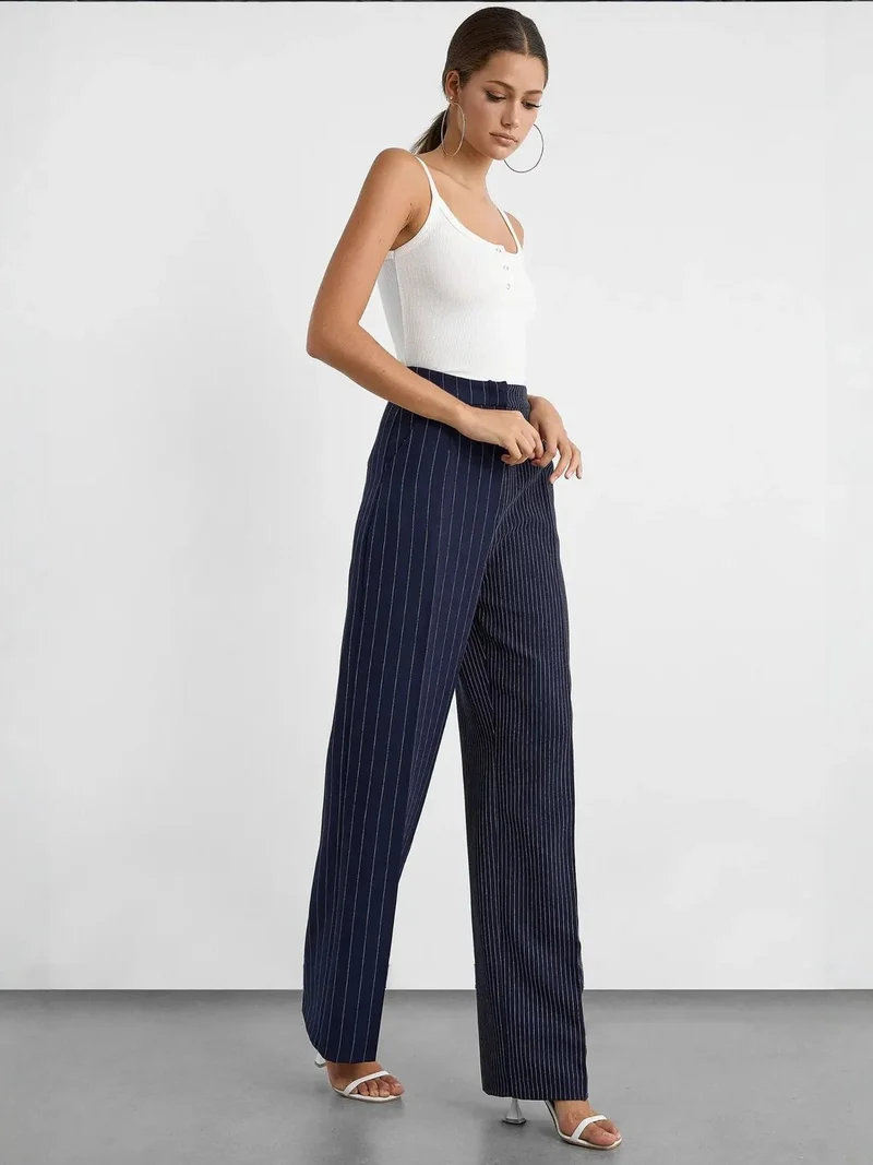 Hiccup Navy Blue Striped Mid-Rise Straight-Leg Pants for Women | Best Price UAE