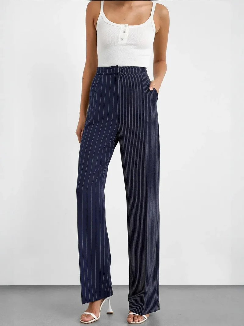 Hiccup Navy Blue Striped Mid-Rise Straight-Leg Pants for Women | Best Price UAE