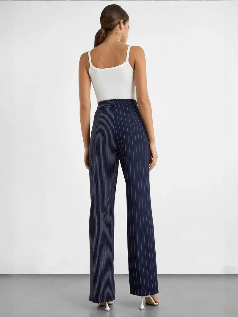Hiccup Navy Blue Striped Mid-Rise Straight-Leg Pants for Women | Best Price UAE