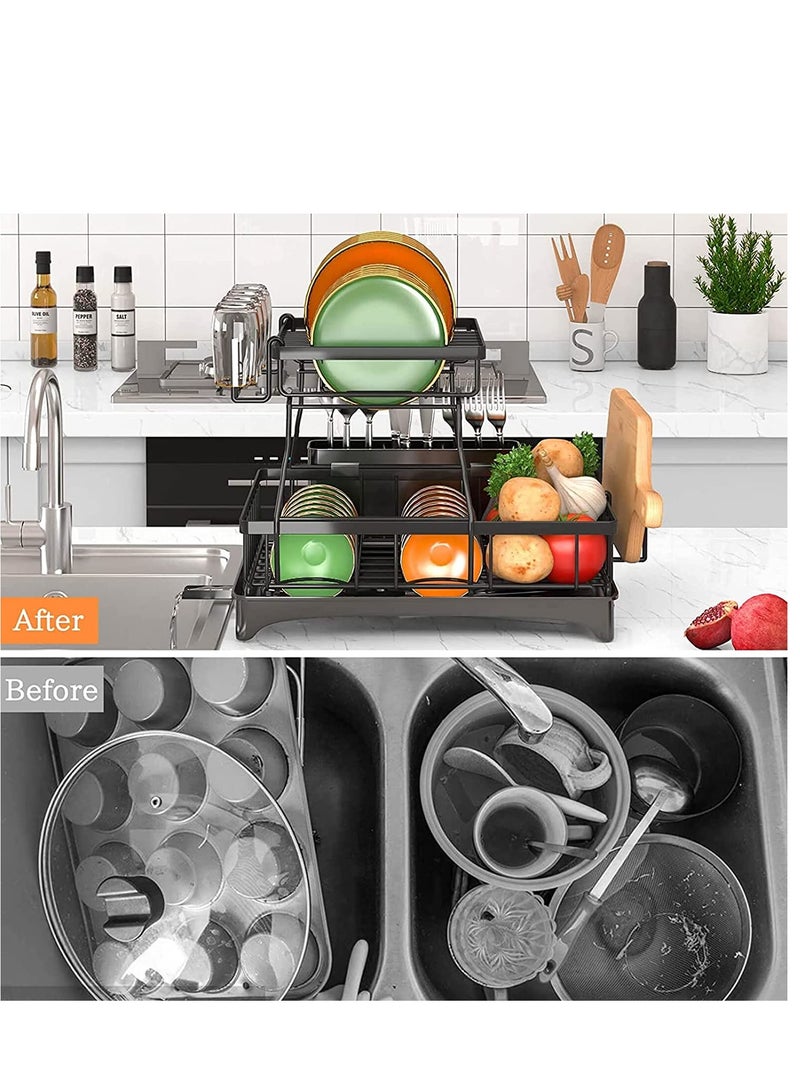 2 Tiers Large Kitchen Dish Rack Dish Drying Stand With Drainer and Removable Utensil Holder and Cup Holder  - Image 3
