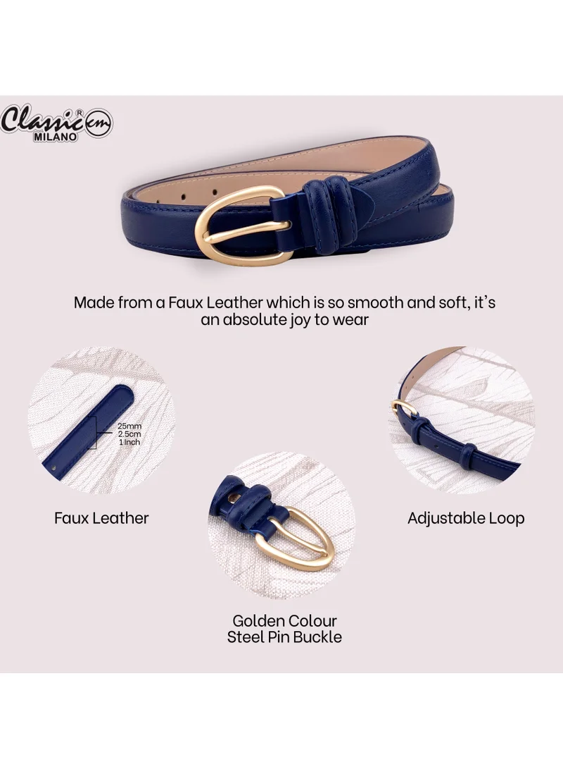 Classic Milano Blue (SGPU14) Classic Milano Women's Belt with Gift Box; Faux Leather Ladies Belt for Dresses, Jeans & Gowns; Stylish Womens Belt; Adjustable Girls Belt; Belt for Women | Full Length: 110 CM (Free Size - Fits up to the waist of 40 Inches / 100 CM) for Women | Best Price UAE