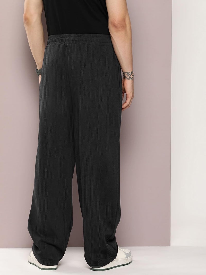 LEOTUDE Men Textured Stylish Straight Fit Trousers | Stylish Loose Fit Track Mid Rise Pants (TRK209_P_Black_M) - Image 4