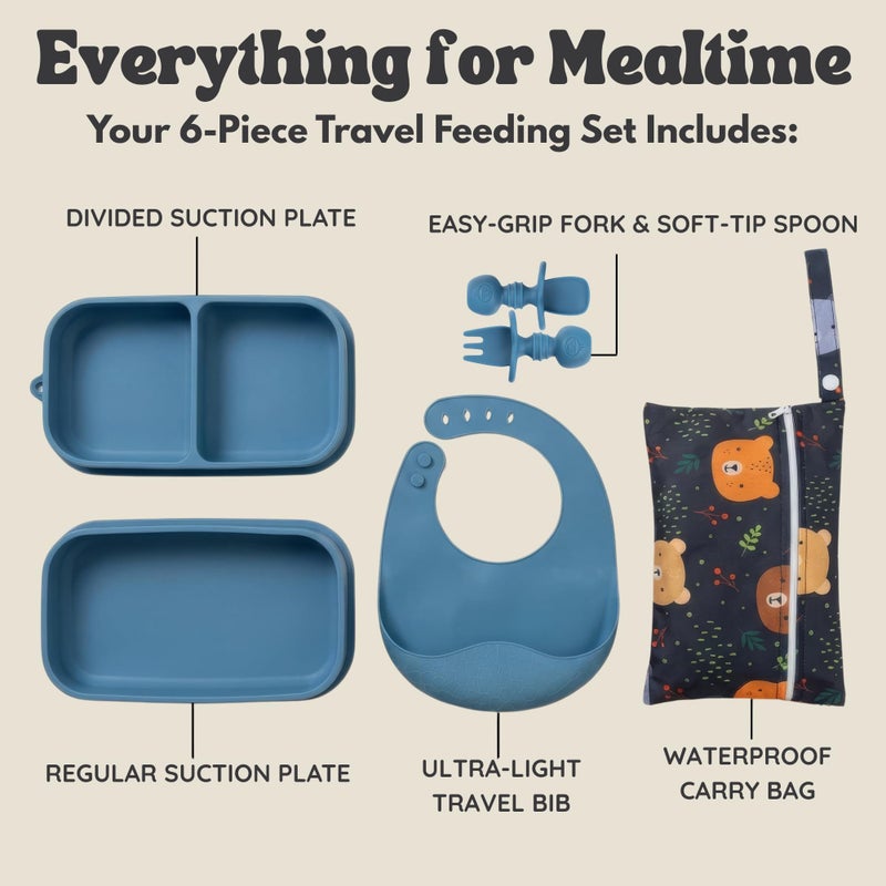 Palz and Pandy Baby Travel Essentials 6 Pc Silicone Feeding Set - Portable Toddler Plates with Suction, Baby Spoons & Foldable Bib in Carrying Case - BPA-Free Infant & Toddler Utensils for Airplanes & Eating Out - Image 3