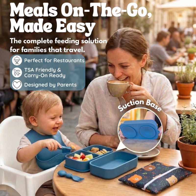 Palz and Pandy Baby Travel Essentials 6 Pc Silicone Feeding Set - Portable Toddler Plates with Suction, Baby Spoons & Foldable Bib in Carrying Case - BPA-Free Infant & Toddler Utensils for Airplanes & Eating Out - Image 2