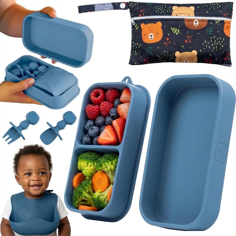 Palz and Pandy Baby Travel Essentials 6 Pc Silicone Feeding Set - Portable Toddler Plates with Suction, Baby Spoons & Foldable Bib in Carrying Case - BPA-Free Infant & Toddler Utensils for Airplanes & Eating Out - Image 1