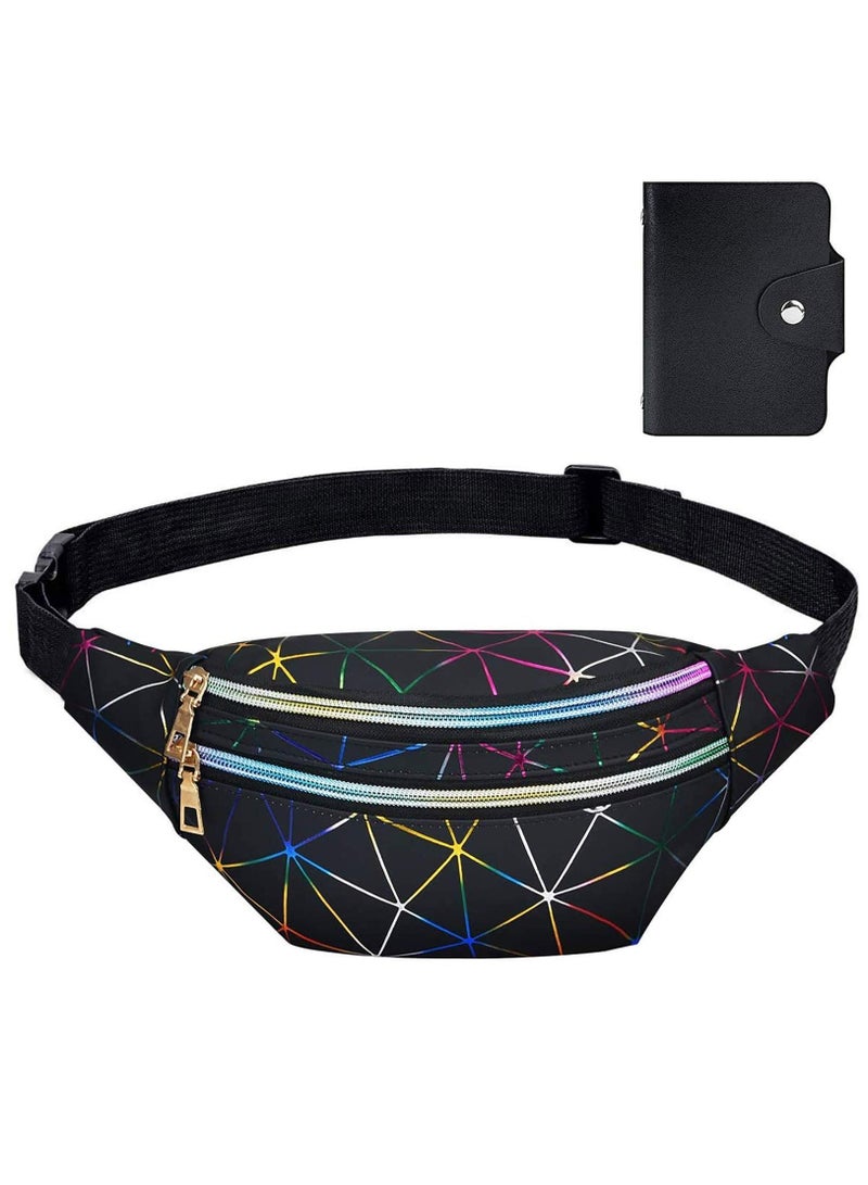 Y&D Waist Bag, Holographic Fanny Pack with PU Leather, Shiny Belt Bag Festival Rave Bumbags 1 Business Card Holder for Ladies Travel Party Sports Running Hiking(Black) - Image 1
