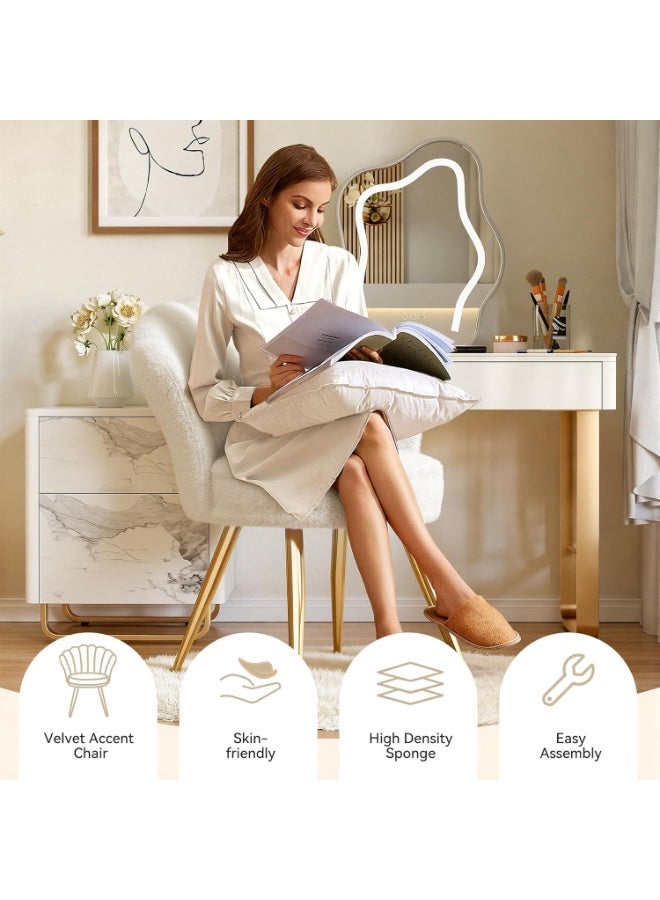 م.ا & ف'س كرسي مخملي أنيق بأرجل معدنية ذهبية، كرسي تزيين لغرفة المكياج، كرسي ضيوف مُنجّد لغرفة المعيشة، لغرفة النوم، أبيض - Image 4