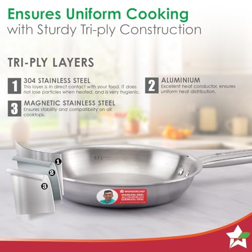 Wonderchef Stella Triply Stainless Steel Fry Pan | 24 cm, 1.7 litres | Compatible with Gas Stove, Induction, Ceramic Cooktop | Non-Toxic | Uniform Heating | Heavy-Duty Handle | 10-Year Warranty - Image 3