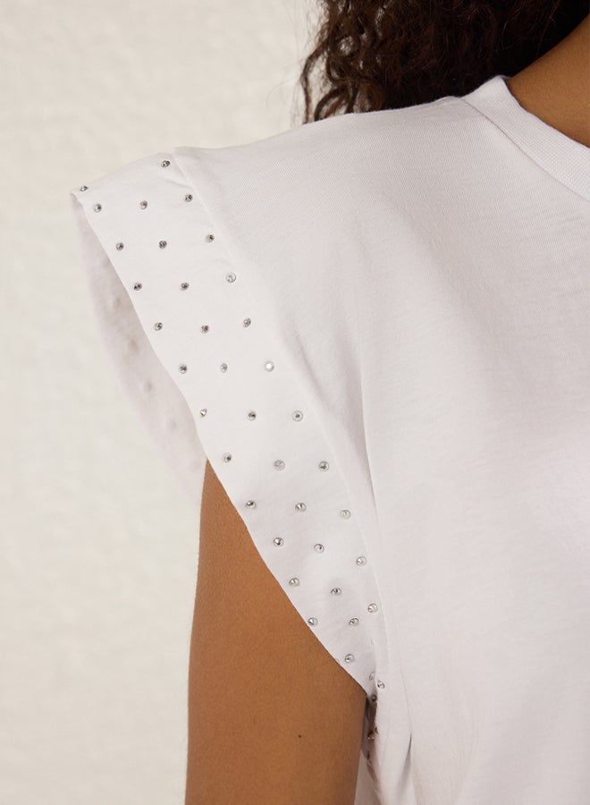 trendyol White 100% Cotton Stone Detailed Padded Look Relaxed Crew Neck Knitted T-Shirt  - Image 3