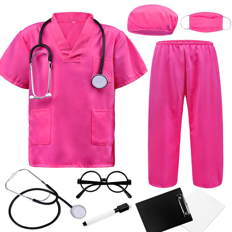 Zzihan Doctor Costume For Kids Rose Scrubs Sets Nurse Scrubs Costume Veterinarian Costume Doctor Coat Accessories Toys Stethoscope Nursing Clipboards Girl 7-8 Brithday Party Halloween Dress Up - Image 1