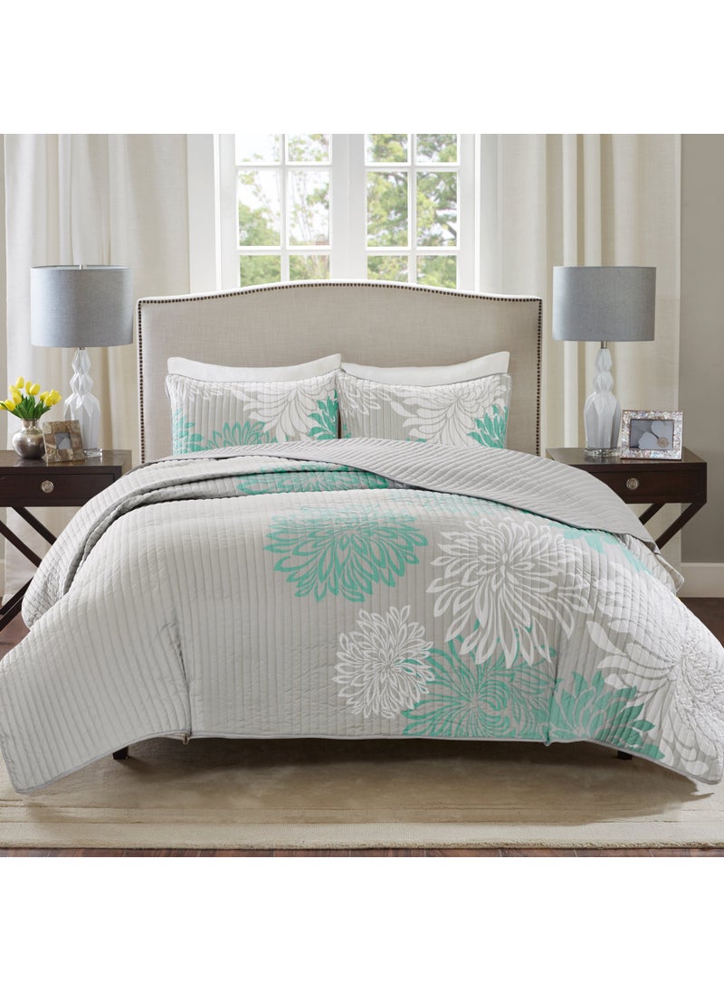 Comfort Spaces Comfort Spaces Enya Quilt Set  Casual Floral Print Channel Stitching Design All Season Lightweight Coverlet Cozy Bedding Matching Shams Decorative Pillows Aqua FullQueen90x90 3 Piece 