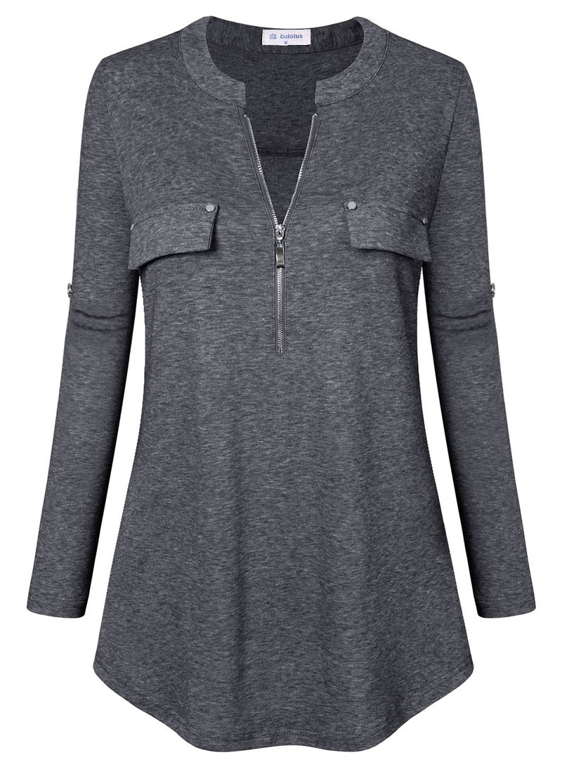 Bulotus Women's 3/4 Sleeve Cotton Knit Fall Casual Tunic Top for Jeans, Grey, Medium - Image 2