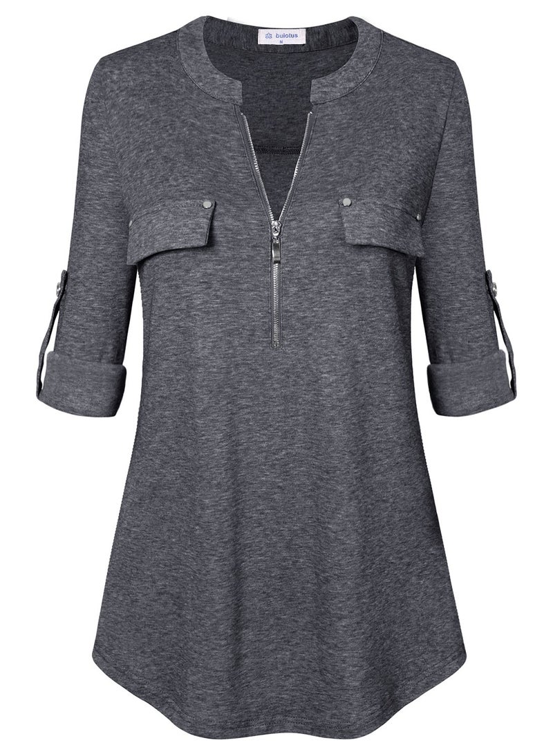 Bulotus Women's 3/4 Sleeve Cotton Knit Fall Casual Tunic Top for Jeans, Grey, Medium - Image 1