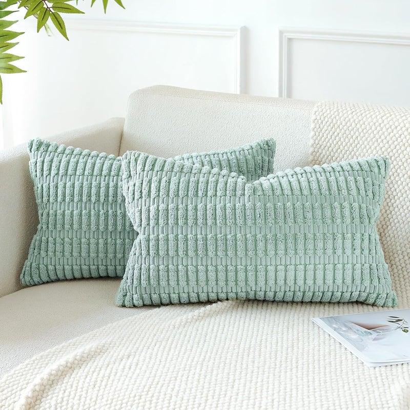 JOTOM Corduroy Soft Striped Throw Pillow Case 40x60 cm Boho Decorative Throw Pillow Covers Lumbar Cushion Case Couch Home Decor Cushion Covers for Sofa Bedroom 16x24 Inch Set of 2 (Light Blue Green) - Image 3