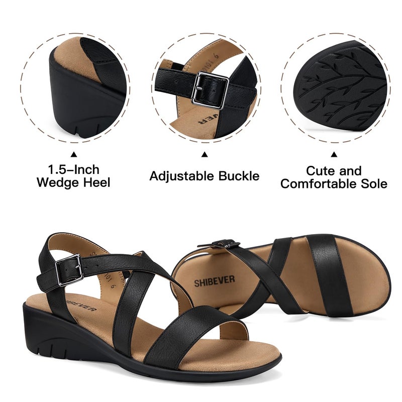 SHIBEVER Wedge Sandals for Women Dressy: Open Toe Buckle Ankle Strap Black Sandals - Comfortable Casual Walking Summer Low Wedges Size 8 - Image 4