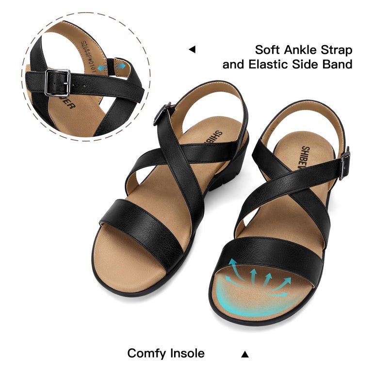 SHIBEVER Wedge Sandals for Women Dressy: Open Toe Buckle Ankle Strap Black Sandals - Comfortable Casual Walking Summer Low Wedges Size 8 - Image 5