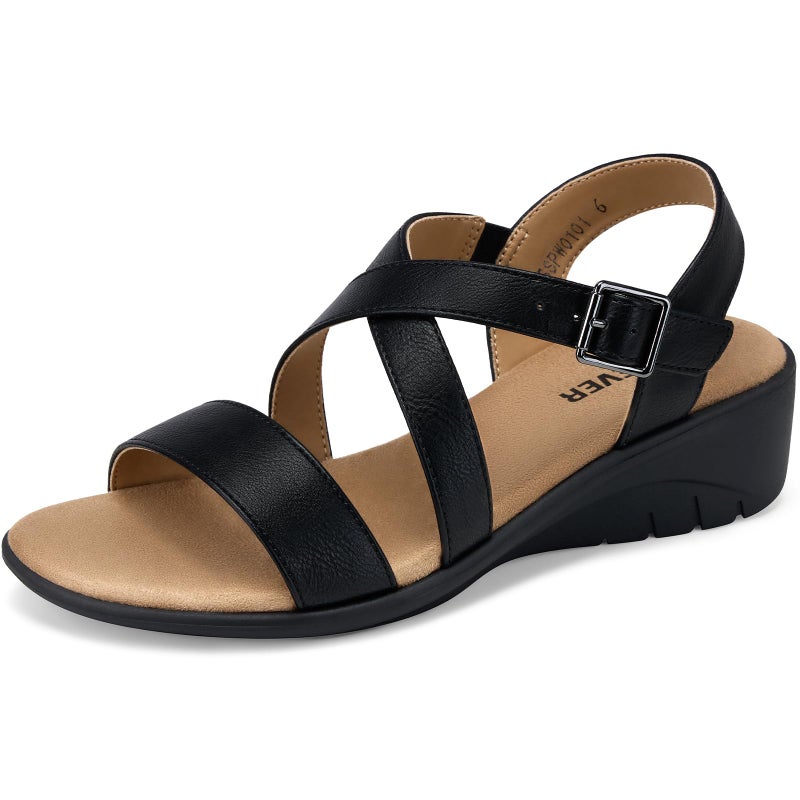 SHIBEVER Wedge Sandals for Women Dressy: Open Toe Buckle Ankle Strap Black Sandals - Comfortable Casual Walking Summer Low Wedges Size 8 - Image 1