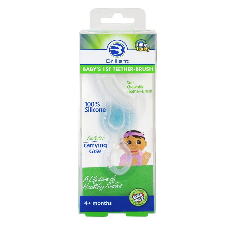 Brilliant Oral Care Babys First Toothbrush Smooth Silicone Bristles Gently Clean Tender Teeth and Gums with Storage Case for Ages 4 Months Clear 1 Pack