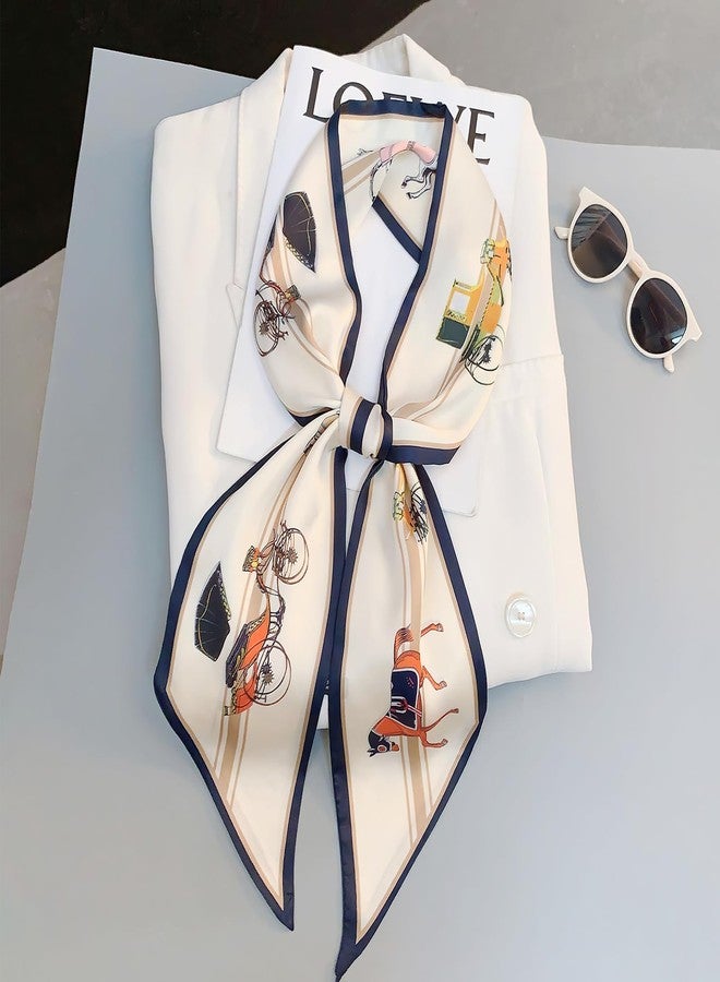 وشاح شعر فيميت للنساء، أنيق، مصنوع من الساتان الناعم الملمس، يُمكن استخدامه كوشاح للرقبة أو للحقيبة أو المحفظة، رقم الموديل B88#. لون كريمي/كحلي بنقشة حصان، مقاس 59 بوصة × 5.5 بوصة. - Image 4