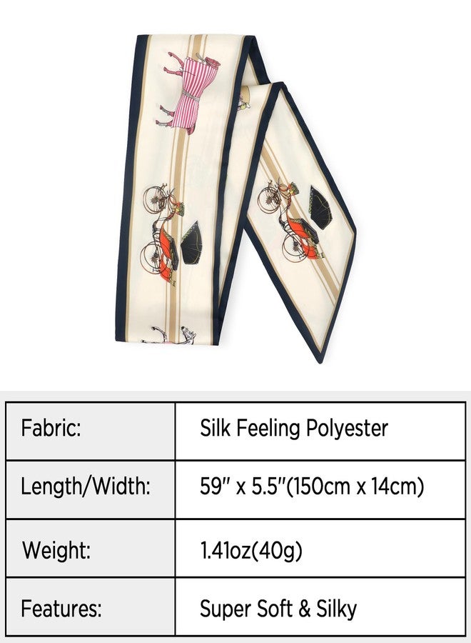 وشاح شعر فيميت للنساء، أنيق، مصنوع من الساتان الناعم الملمس، يُمكن استخدامه كوشاح للرقبة أو للحقيبة أو المحفظة، رقم الموديل B88#. لون كريمي/كحلي بنقشة حصان، مقاس 59 بوصة × 5.5 بوصة. - Image 2