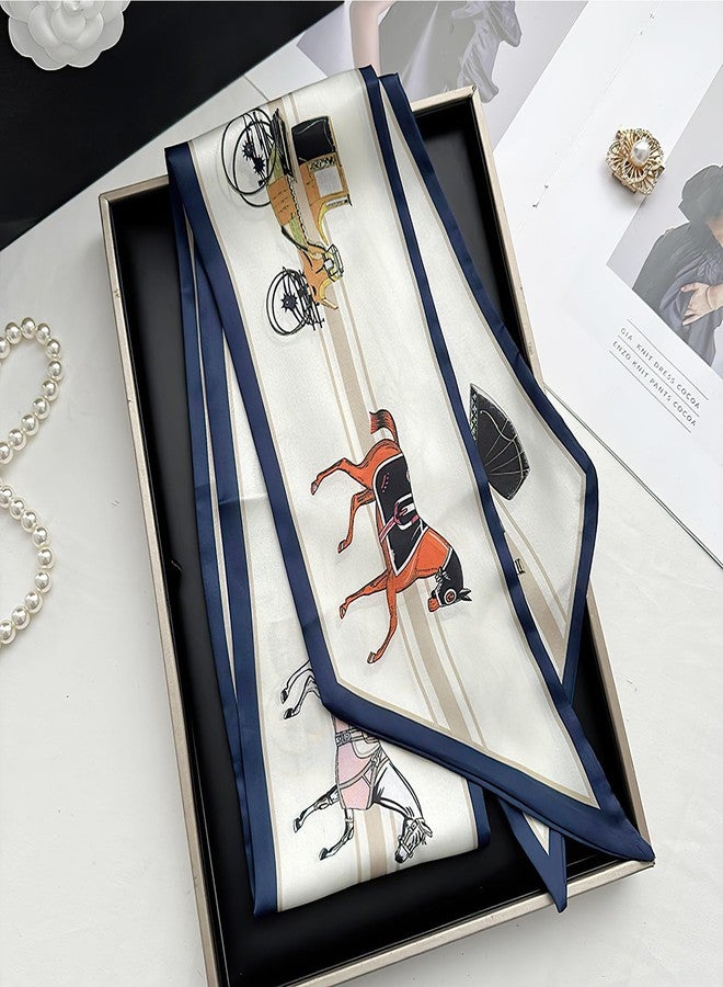 وشاح شعر فيميت للنساء، أنيق، مصنوع من الساتان الناعم الملمس، يُمكن استخدامه كوشاح للرقبة أو للحقيبة أو المحفظة، رقم الموديل B88#. لون كريمي/كحلي بنقشة حصان، مقاس 59 بوصة × 5.5 بوصة. - Image 5