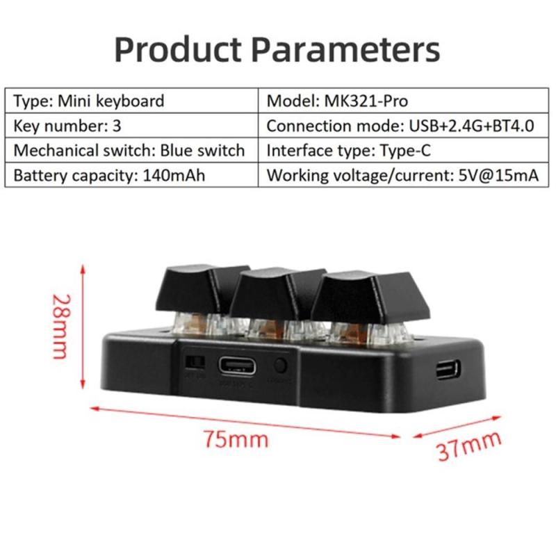 لوحة مفاتيح مخصصة ثلاثة مفاتيح MK321-Pro مع مفتاح ميكانيكي أزرق، اتصالات USB+2.4G+Bluetooth، للعمل والالعاب والمتعددة الوسائط، لون أسود - Image 4