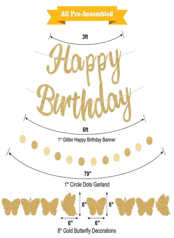 Danadia Pre-Strung Happy Birthday Banner, Gold Birthday Decorations with Butterflies and Circle Dot Garland, NO DIY Butterfly Party Decorations for Women Girls - Image 2