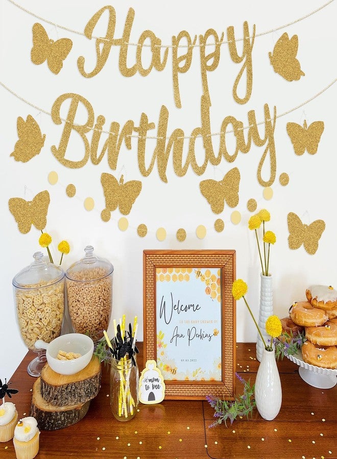 Danadia Pre-Strung Happy Birthday Banner, Gold Birthday Decorations with Butterflies and Circle Dot Garland, NO DIY Butterfly Party Decorations for Women Girls - Image 4