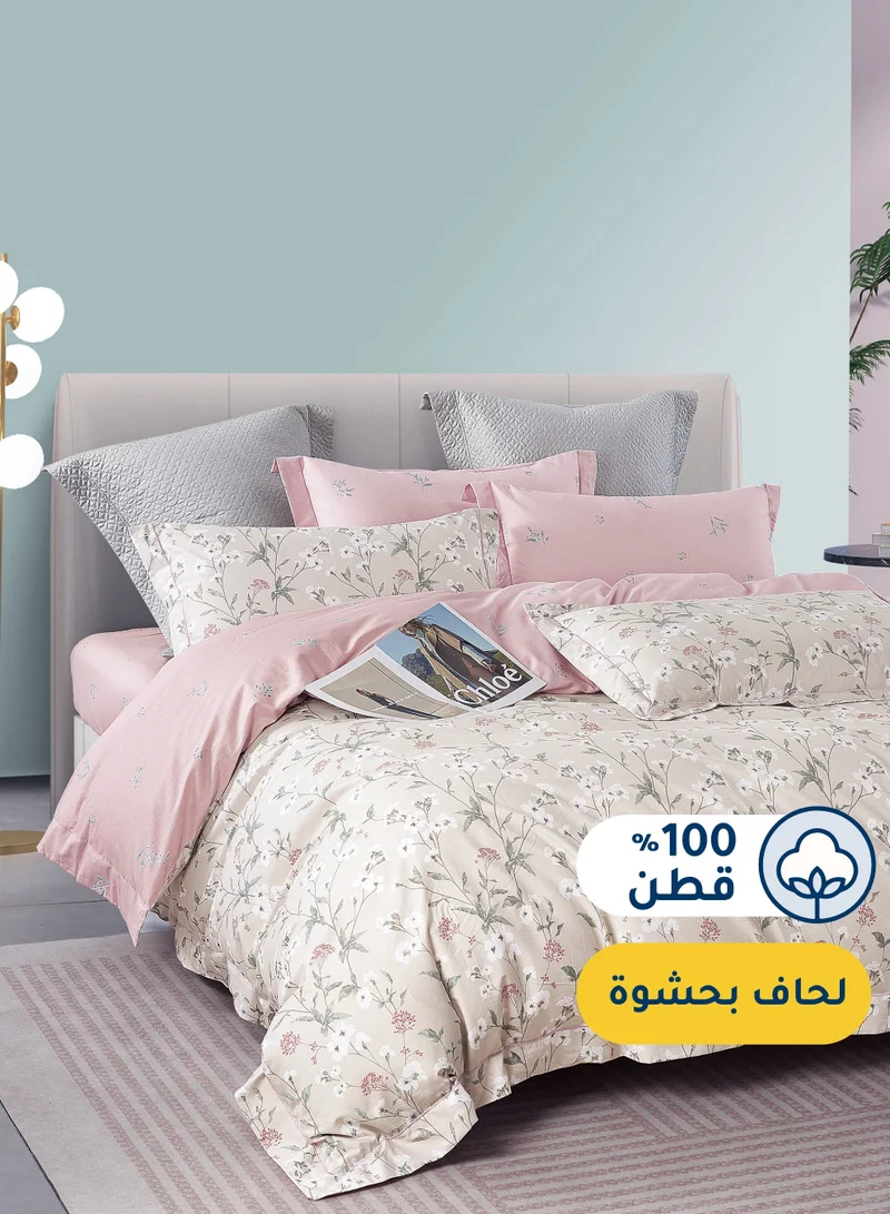 Master Home Textile Cotton Floral Comforter Sets, Fits 200 x 200 cm Double Size Bed, 9 Pcs, 100% Cotton 200 Thread Count, With Removable Filling, Veronica Series