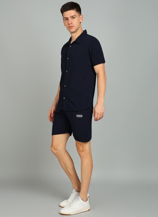 PREEN Navy Blue Shirt Collar Neck T-Shirt With Shorts Co-Ords - Image 1