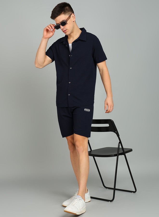 PREEN Navy Blue Shirt Collar Neck T-Shirt With Shorts Co-Ords - Image 5