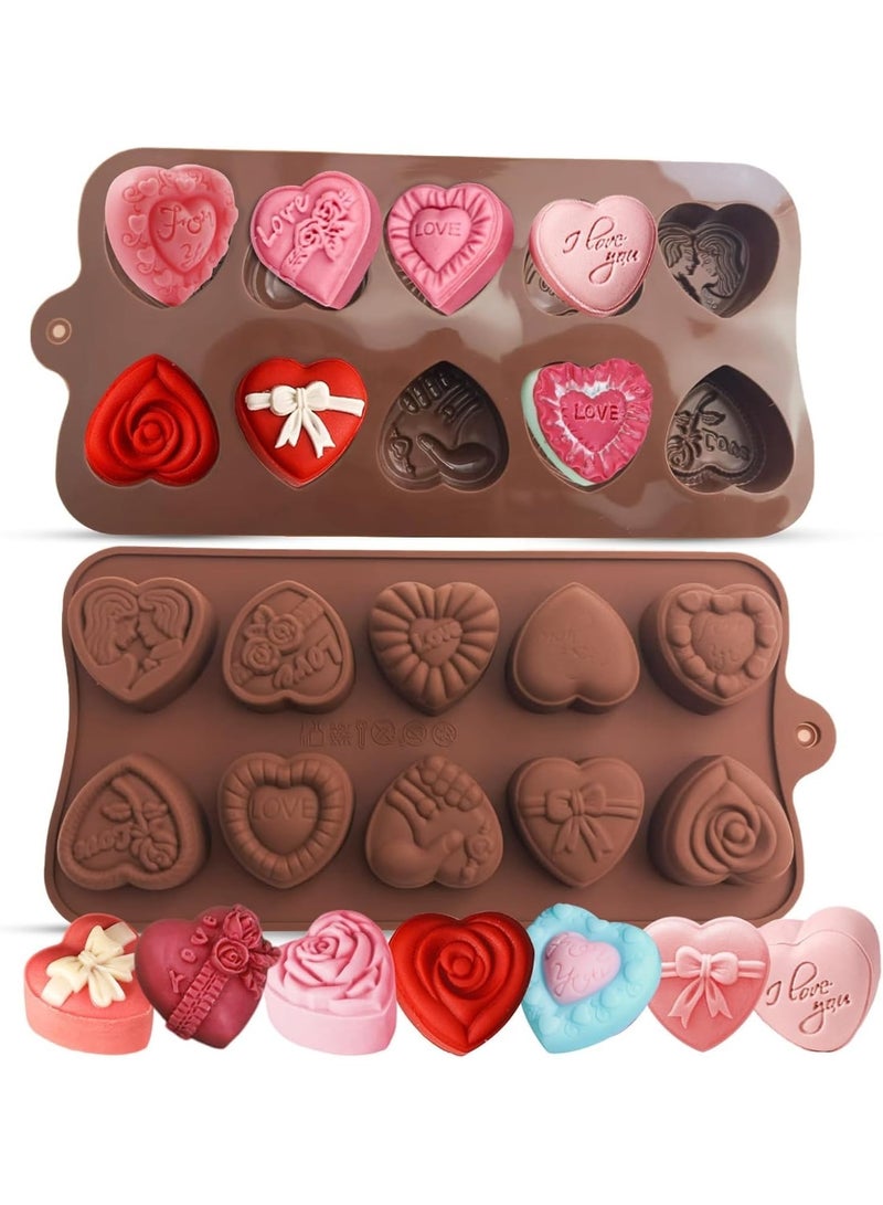 2PCS Heart Chocolate Molds, 10-Design Love Rose Silicone Molds, Non-Stick Baking Molds for DIY Valentine's Day Chocolate, Candy, Ice Cubes - Image 1