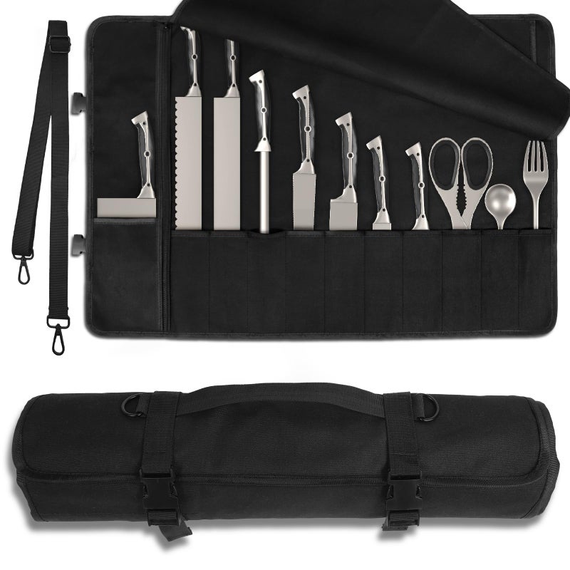 lelezone Upgraded Chef Knife Roll Bag, Waterproof Waxed Canvas Knife Case Holds Size Up to 18'', Portable Knife Holder with 11 Slots for Knives with Adjustable Strap, Gift for Beginner or Pro - Image 1