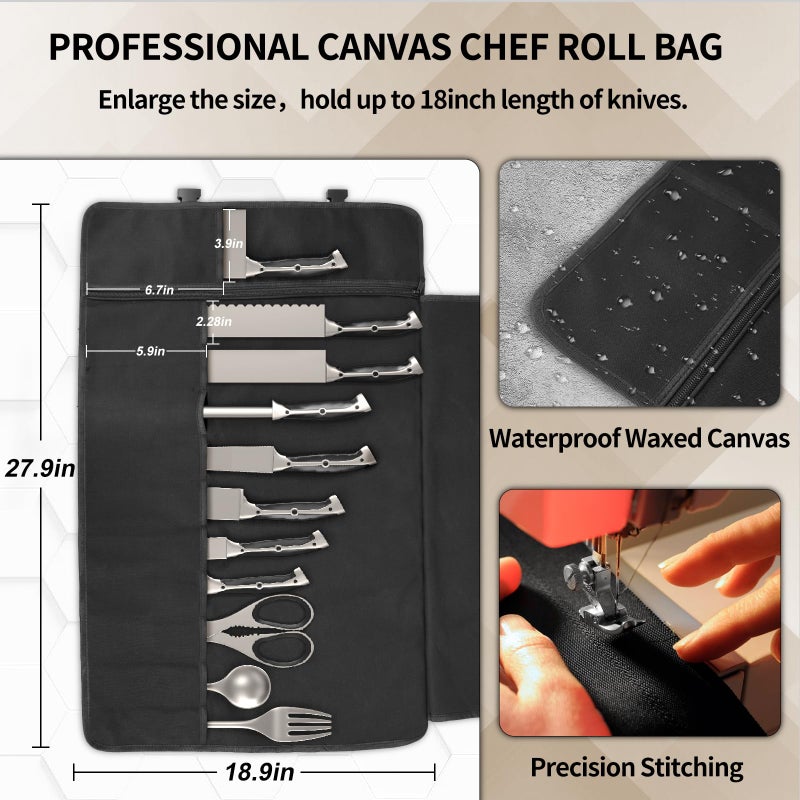 lelezone Upgraded Chef Knife Roll Bag, Waterproof Waxed Canvas Knife Case Holds Size Up to 18'', Portable Knife Holder with 11 Slots for Knives with Adjustable Strap, Gift for Beginner or Pro - Image 2