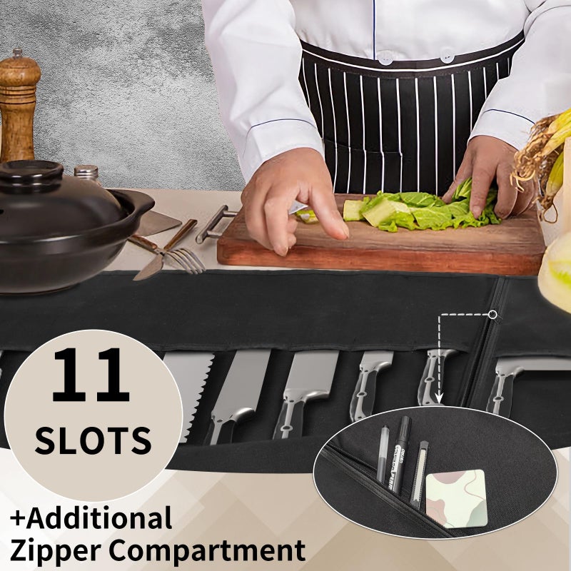 lelezone Upgraded Chef Knife Roll Bag, Waterproof Waxed Canvas Knife Case Holds Size Up to 18'', Portable Knife Holder with 11 Slots for Knives with Adjustable Strap, Gift for Beginner or Pro - Image 3