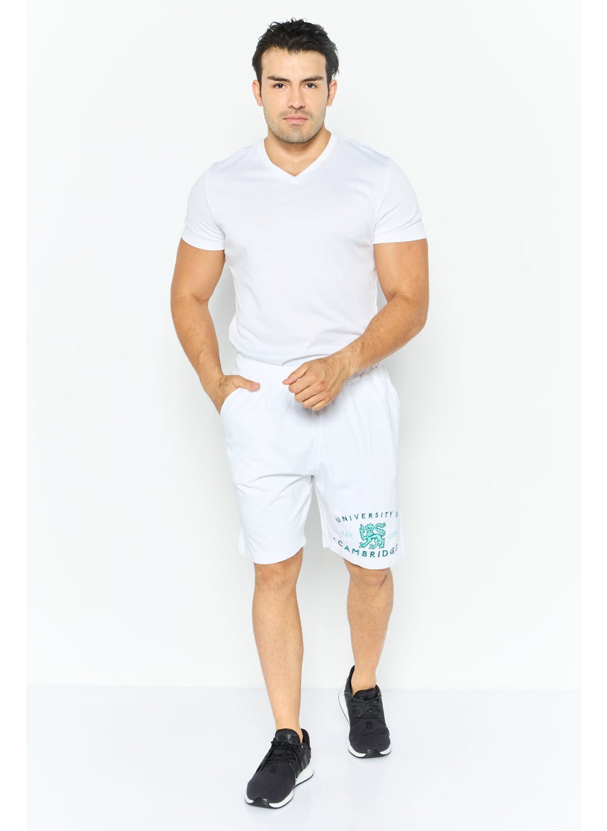 Men Drawstring Embroidered Logo Basic Short, White