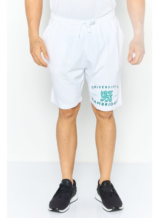 Men Drawstring Embroidered Logo Basic Short, White