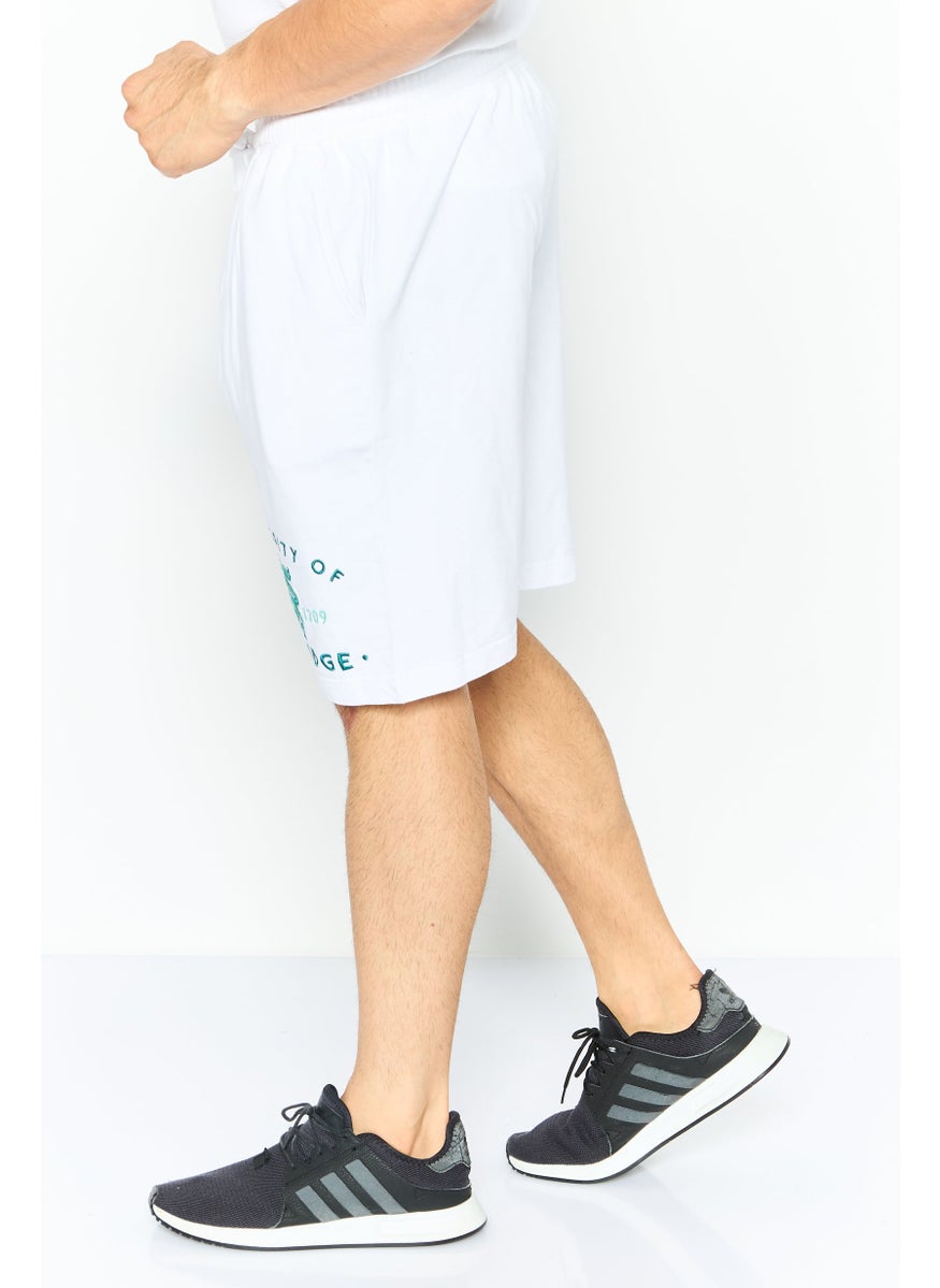 Men Drawstring Embroidered Logo Basic Short, White