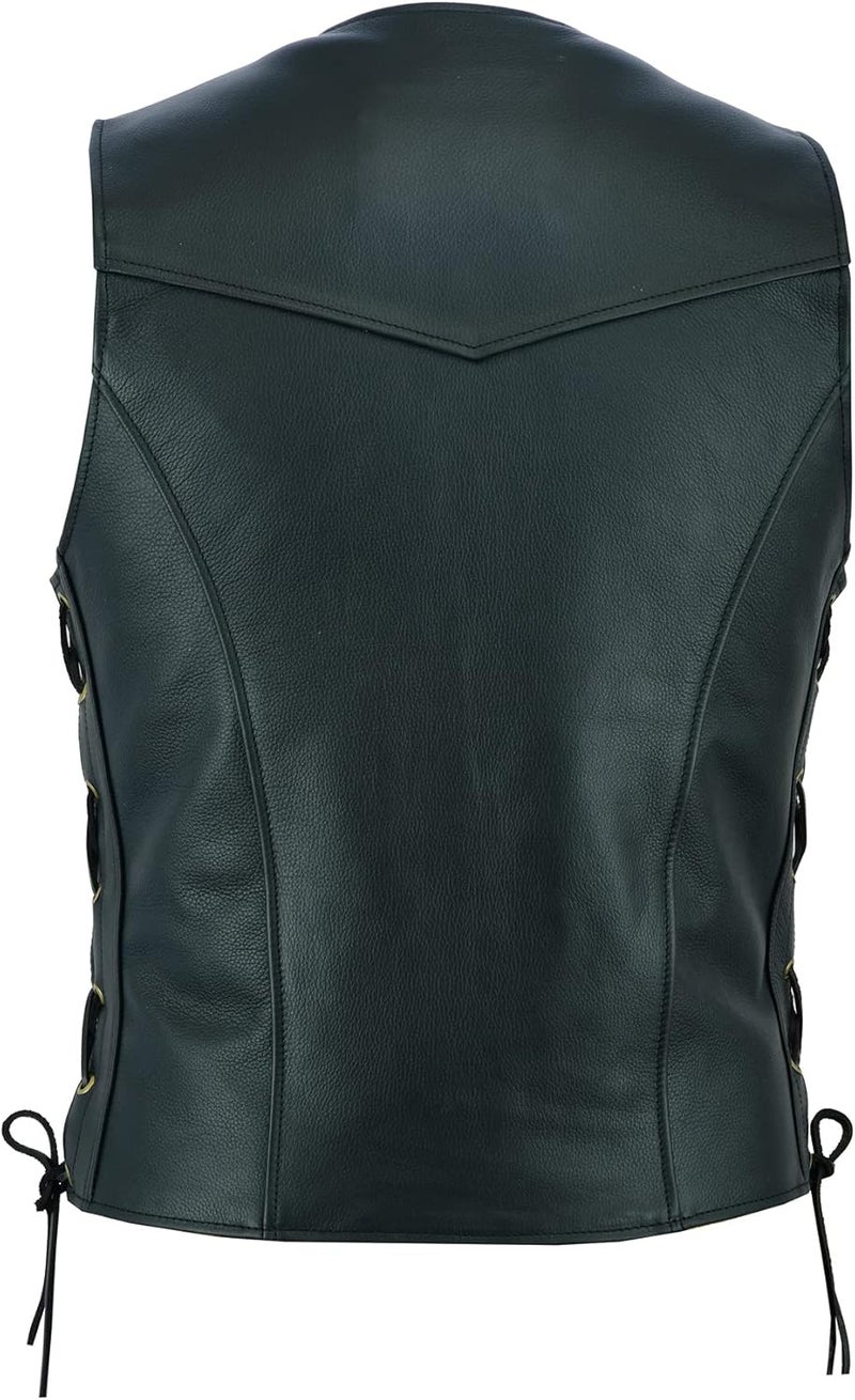 Leatherick Men Premium Top Grain Cowhide Classic Motorcycle Leather Waistcoat Vest with Side Laces Black - Image 3