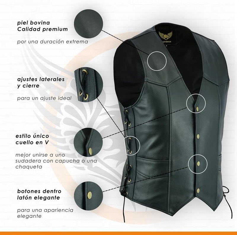 Leatherick Men Premium Top Grain Cowhide Classic Motorcycle Leather Waistcoat Vest with Side Laces Black - Image 4